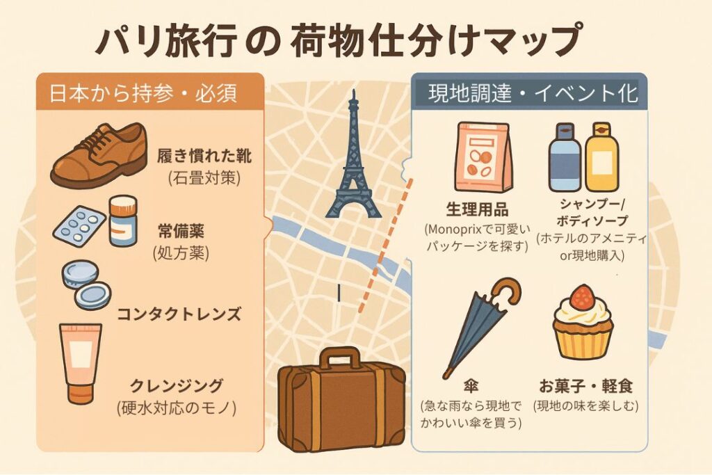 パリ旅行で日本から持参すべき必須アイテムと、現地スーパーのモノプリなどで調達可能なアイテムを分類したイラストマップ。