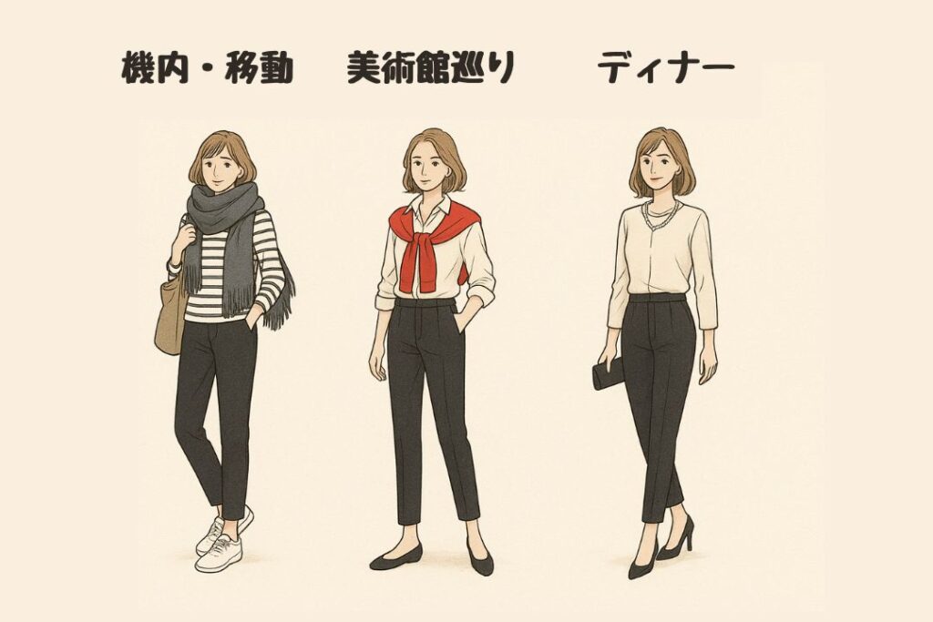 1本の黒パンツをベースに、トップスと小物を変えることで機内、美術館、ディナーの3つのシーンに対応する着回しコーディネート例。