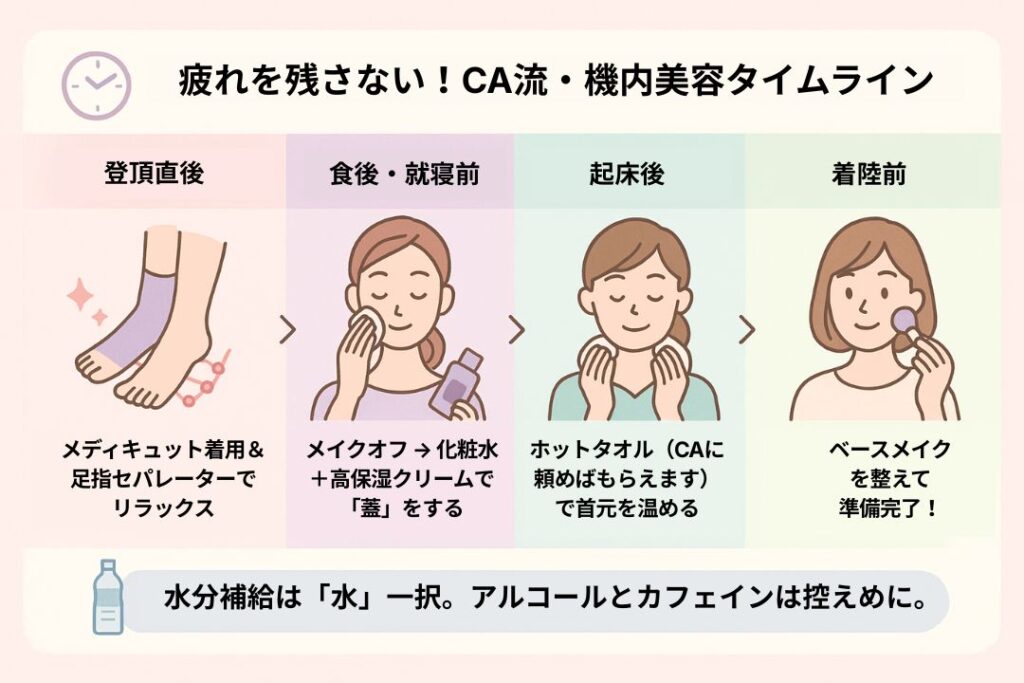 CAが実践する機内での保湿とむくみ対策のタイムスケジュール図解